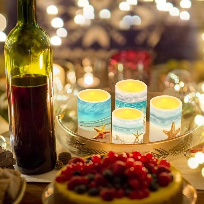 LED Flickering Candles Battery Operated Candles Set of 4 with Remote Control Timer Dancing Flame Pillar Candles Home Table Coastal Decoration, Beach Coastal