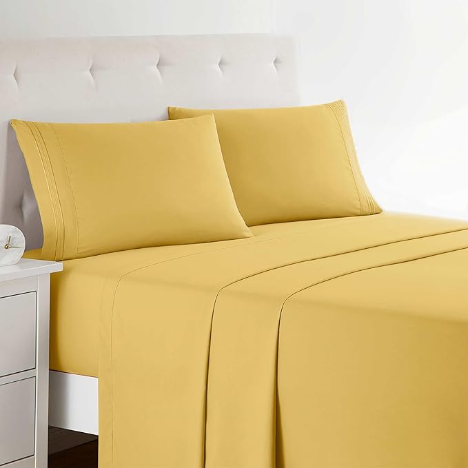 Clara Clark Bed Sheets, Premier 1800 Series 4 Piece Bed Sheet Set, Deep Pocket, Wrinkle, Fade, Stain Resistant, Luxury Soft Bedding Sheets & Pillowcases, Twin, Yellow