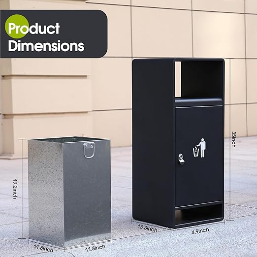 Commercial Outdoor Trash Can with Lid,Rust-Resistant Waterproof Windproof Garbage Can with Removable Inner Barrel, Lockable Stainless Steel Trash Bin for Patio Hotel Park Garden(Black)