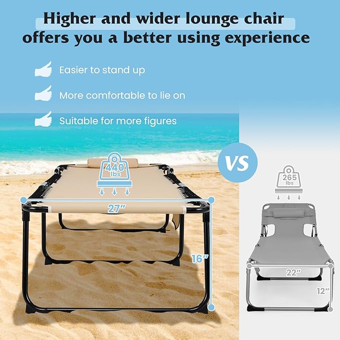 GYMAX Lounge Chair for Outside, 440lbs 27” Oversize Folding Beach Tanning Sunbath Chair with Adjustable Backrest & Removable Pillow, Lightweight Portable Patio Lounger for Lawn Poolside (Sand,1)