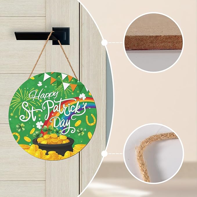 St. Patrick's Day Door Hanger Lucky Shamrock Rainbow Door Sign for Front Door Happy St Patricks Day Wooden Hanging Decoration for Wall Porch Outdoor Holiday