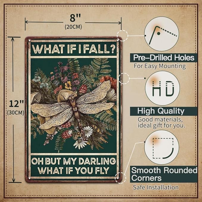 YOYI ART Vintage Tin Sign, 8x12 inches, Hippie Dragonfly Metal Sign, Inspirational Home Decor for Wall