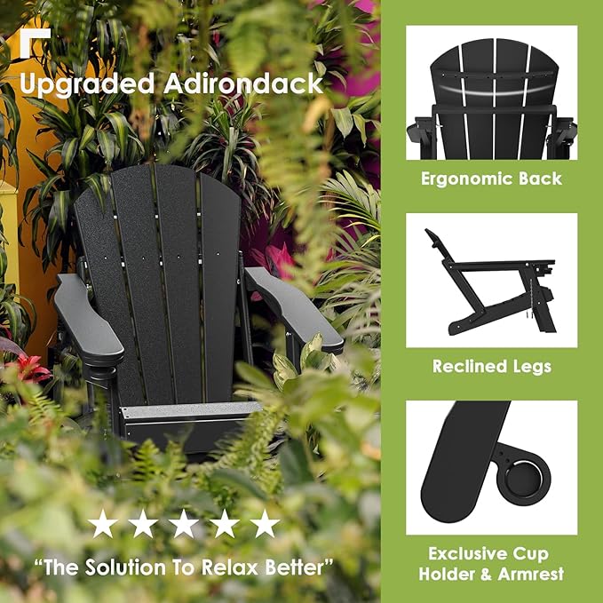 GREENVINES Adirondack-Chairs-with-Ottoman | Set of 6 | Folding | Retractable-Footrest | HDPE Plastic | All Weather Fire Pit Chair | Cup Holders | Black | for Outdoor Poolside