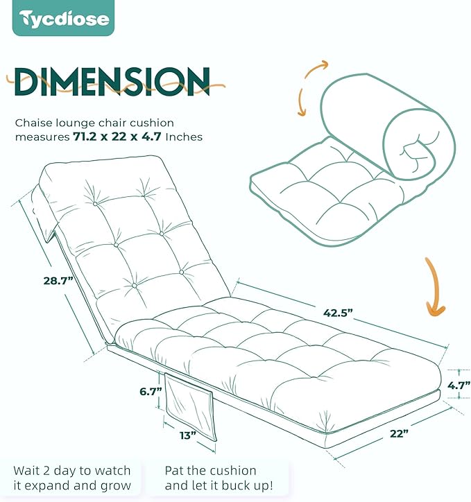 Outdoor Chaise Lounge Chair Cushion, 71 x 22 x 4.7 Inches Waterproof Chaise Lounge Cushions Replacement for Outdoor Furniture, Thickened Non-Slip Patio Lounge Chair Cushions, Cyan Floral leaf