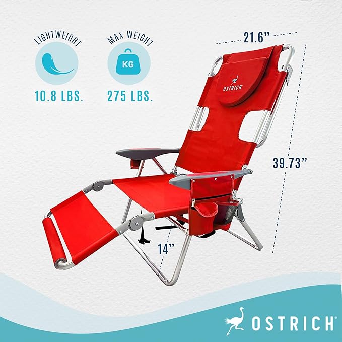 Ostrich Deltess 3N1 Portable Tanning Chair, Reclining Outdoor Lounger, and Cooler Bag, Lightweight and Adjustable, Red