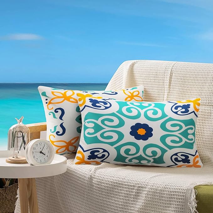 Pyonic Outdoor Waterproof Throw Pillow Covers Set of 4 Floral Printed and Boho Farmhouse Outdoor Pillow Covers for Patio Funiture Garden 12x20 Inch Blue