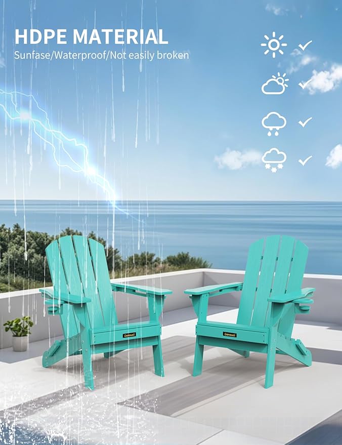 Folding Adirondack Chair Set of 2, Wooden Textured Plastic Adirondack Chairs with 2 Cup Holder, Weather Resistant HDPE Fire Pit Chair, Outdoor Patio Chairs for Garden, Backyard, Lawn, Deck, Lake Blue