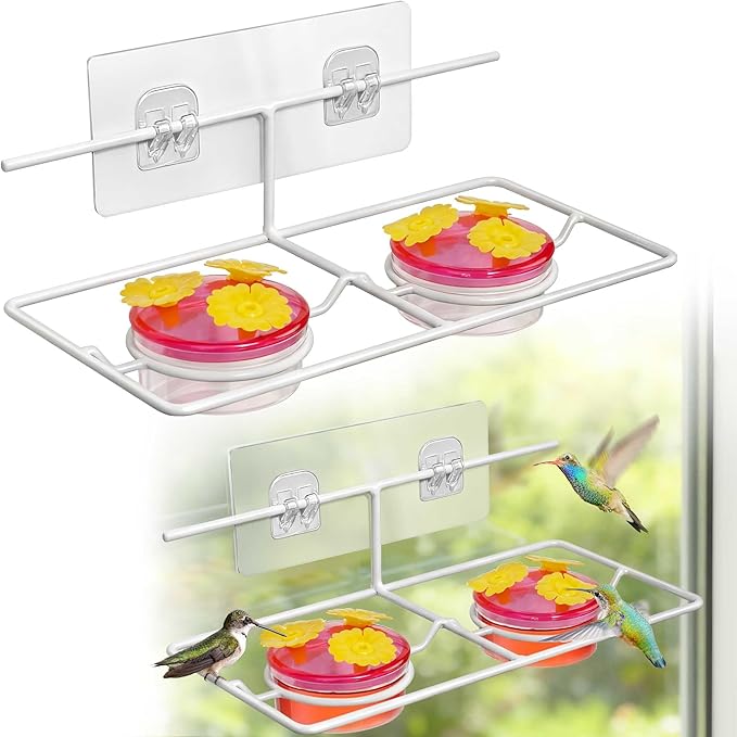 Window Hummingbird Feeder, Small Hummingbird Feeder for Outdoors with Metal Base & 6 Feeding Ports - Suitable for Sliding Glass Doors on Windows and Balcony, Easy to Clean and Refill