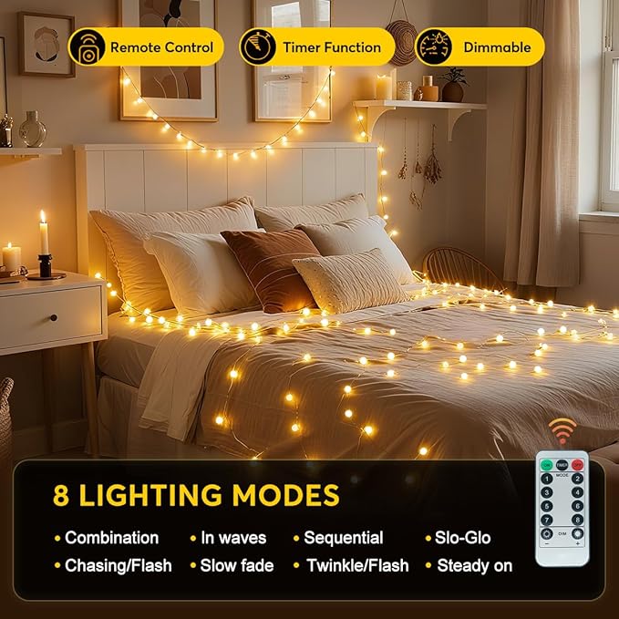 65.6ft Warm White Globe String Lights, 150 LED with 16ft Extended Lead Wire & Remote, 8 Modes, IP44 Waterproof Plug in Linkable Lights for Outdoor Indoor Party Wedding