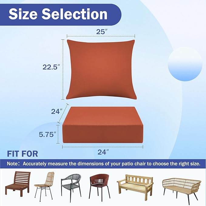 Outdoor Seat Cushion Set, Waterproof & Fade Resistant Patio Chair Cushions, Outdoors Cushion for Patio Furniture, 24 x 24 x 5.75 Inch, Outdoor Couch Cushions with Handle and Ties, Spice