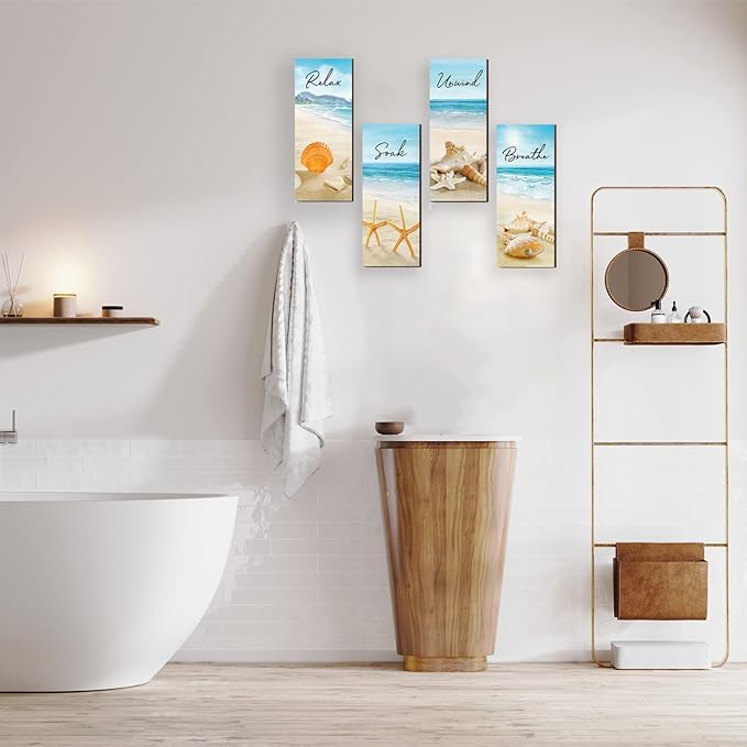 4 Pieces Beach Bathroom Decor Ocean Beach Wall Decors Relax Soak Unwind Breathe Blue Wall Art Hanging Sign Seashell Starfish Wooden Sign for Bathroom Living Room Laundry Spa Washroom(beach, 10x4 Inch)