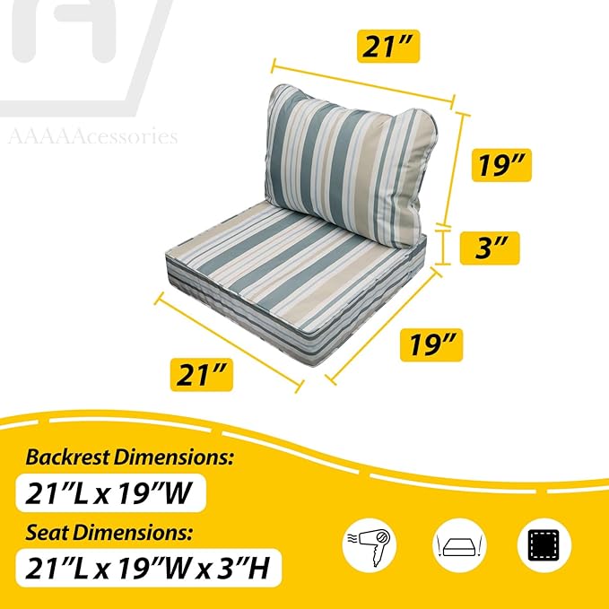 AAAAAcessories Outdoor Seat Cushions for Chairs, Fade-Resistant, Waterproof Patio Furniture Replacement Cushions, 21" x 19" x 3" + 21" x 19", Slate Gray Blue Coastal Stripe