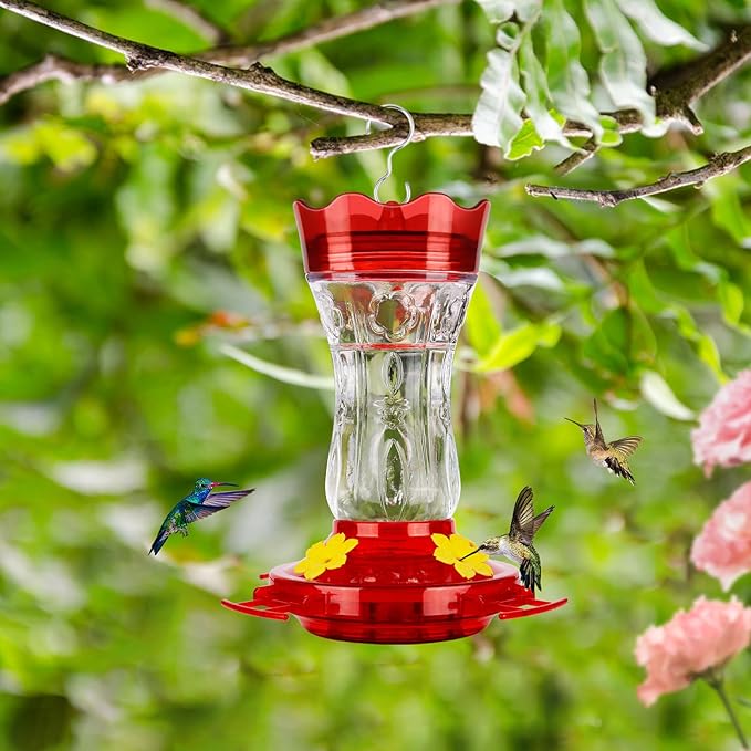 Glass Hummingbird Feeders for Outdoors, Built-in Ant Moat & Leakproof Design, XAROO Hummingbird Feeder with 4 Bee Guard Feeding Ports, 15OZ, Red, Gifts for Mom Wife Dad, Birthday Gift for Men Women