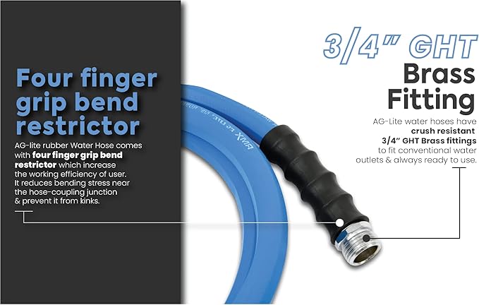 AG-LITE BSAL5806 5/8" x 06' Hot/Cold Water Rubber Garden Hose, 100% Rubber, Ultra-Light, Super Strong, 500 PSI, 50F to 190F Degrees, High Strength Polyester Braided
