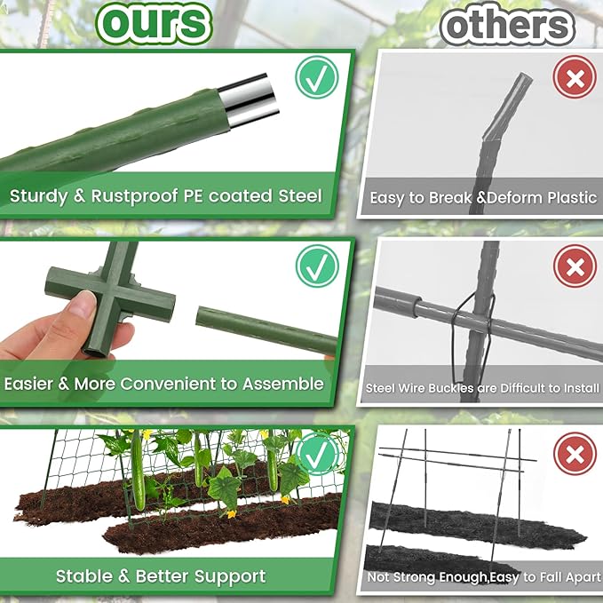 Cucumber Trellis for Raised Bed, 48" x 48" A-Frame PE-Coated Metal Trellis for Climbing Plants Outdoor, Garden Trellis for Vegetables with Climbing Net and Plant Support Clip for Tomato, Grape