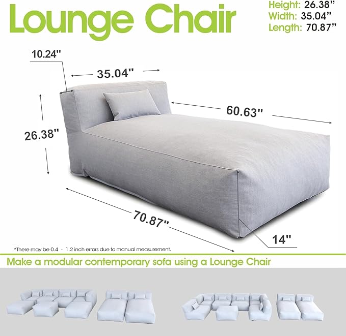 Bean Bag Chaise Lounge Chair Outdoor, Water Resistant Floor Lounge Chairs Foam Filled for Pool & Outside, Patio Day Bed Modern Furniture Set, Comfy Lazy Sofa Couch Bean Bag, Light Gray