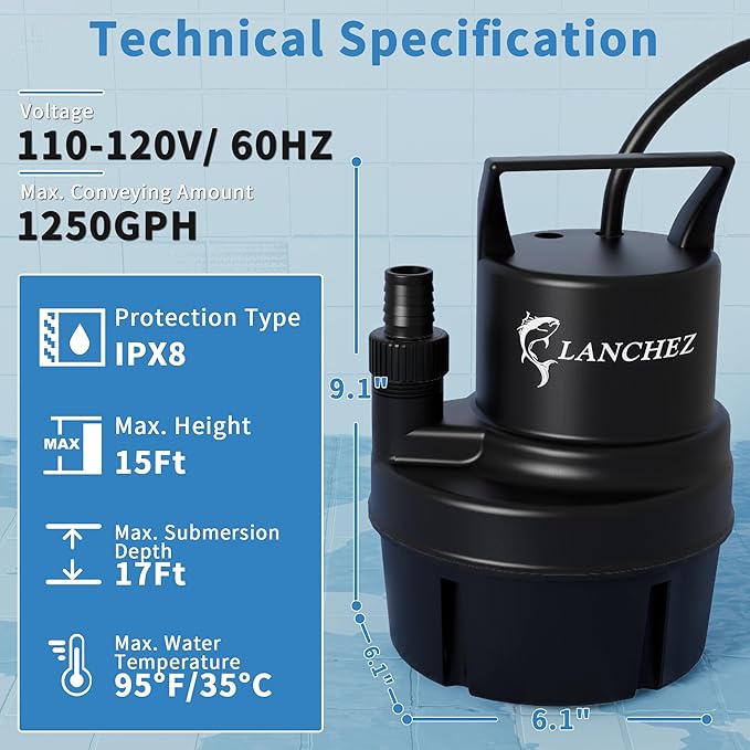 Lanchez Sump Pump, 1250 GPH Submersible Water Pump, 1/4 HP Portable Thermoplastic Low Suction Utility Pump With 25 Ft Cord for Swimming Pool, Basement, Garden Pond, Tubs Draining, Manual