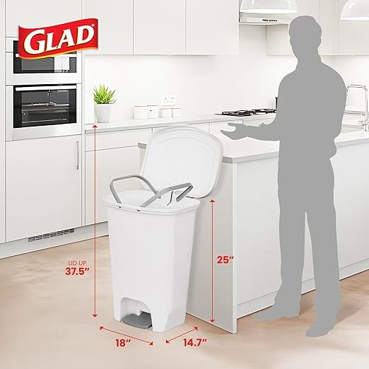 Glad 13 Gallon Trash Can | Plastic Kitchen Waste Bin with Odor Protection of Lid | Hands Free with Step On Foot Pedal and Garbage Bag Rings, 13 Gallon, White
