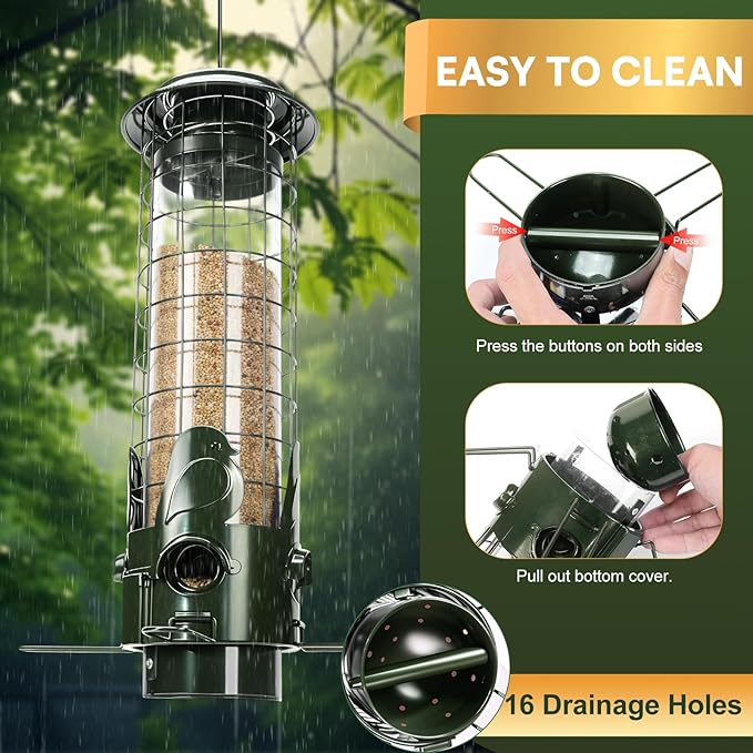 Squirrel Proof Bird Feeder for Outside Hanging, Weight Activated 3LB Large Capacity Metal Wild Bird Feeders with Removable Base, Tube Birdfeeder for Cardinal, Finch- Green