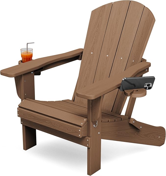 KINGYES Folding Adirondack Chair with Dual Cup Holders - HDPE All-Weather Outdoor Chairs, Wood-Like Patio Chair for Backyard, Camping, Pool & Fire Pit, Brown