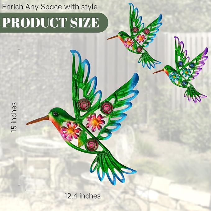 2 Pack Metal/Glass Hummingbird Wall Decor, 12.4" Outdoor Fence Wall Art Decor, Wall Sculpture Hanging Decoration Perfect for Garden Yard Living Room Bedroom Patio Balcony