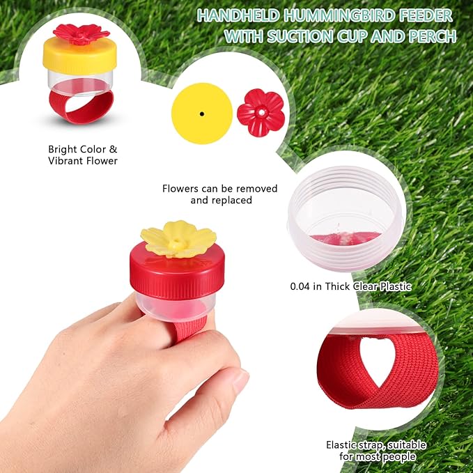 Zopeal 2 Pieces Hummingbird Wrist Feeder for Outdoor Hummingbird Hand Feeder Feeding Perch Feed with Adjustable Strap Flower Held Mini Hand Feeding Tools (Ring Style)