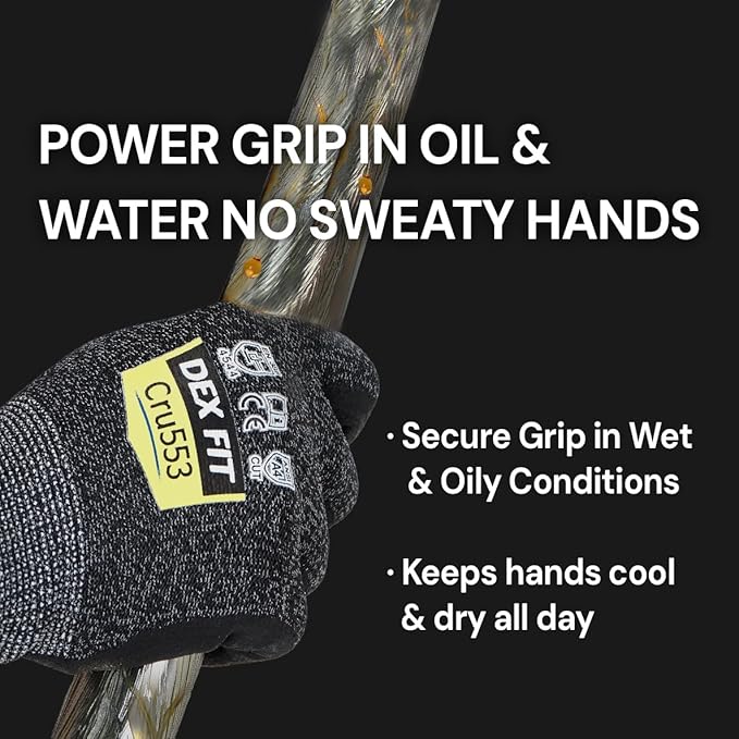 DEX FIT Level 5 Cut Resistant Gloves Cru553 Prime - 3D-Comfort Fit, Firm Grip, Thin & Lightweight, Touchscreen Compatible, Durable, Breathable, Machine Washable; Black XS (6) 1 Pair