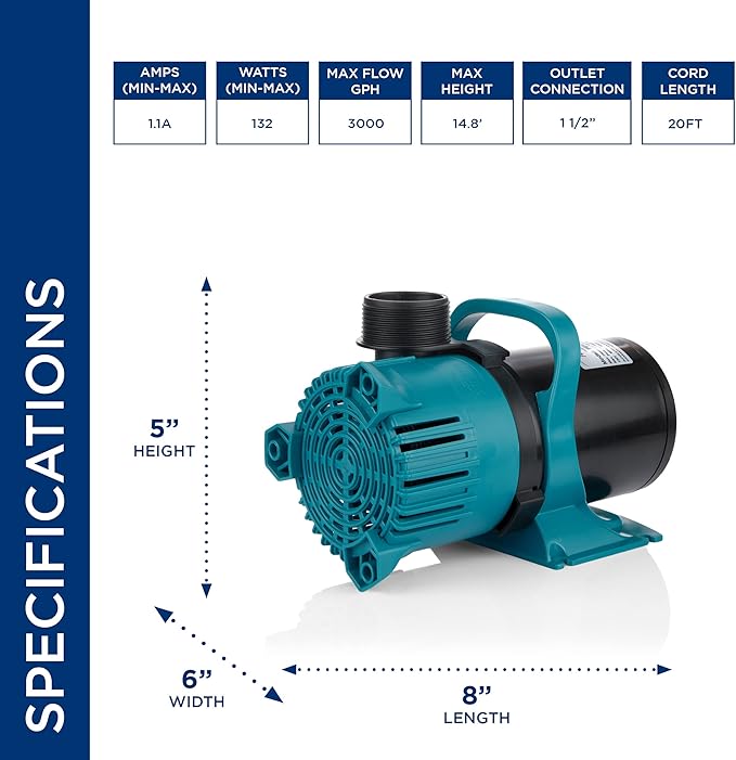 Alpine Corporation PEG3000 | 3000 GPH Vortex Energy-Saving Submersible Pump — Durable & Efficient Design for Ponds, Waterfalls & Fountains — Black/Teal