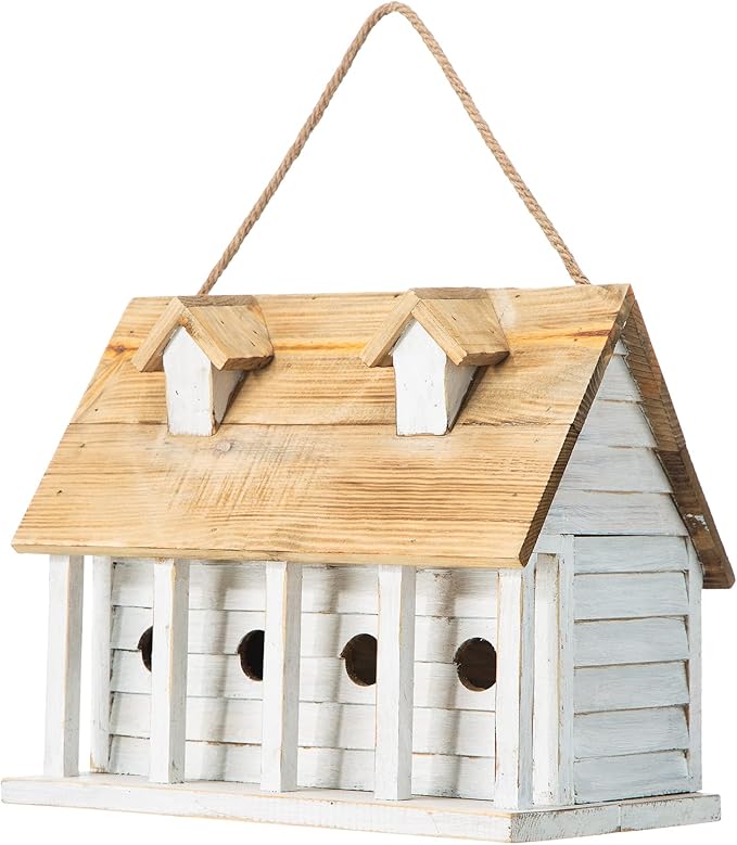 Glitzhome 14.25”L Wood Hanging Birdhouse for Outdoors Oversized Distressed Cottage Painted Bird House Rustic Bird House for Bluebird Wren Chickadee Sparrow Bird Nest Box for Garden Patio, Washed White