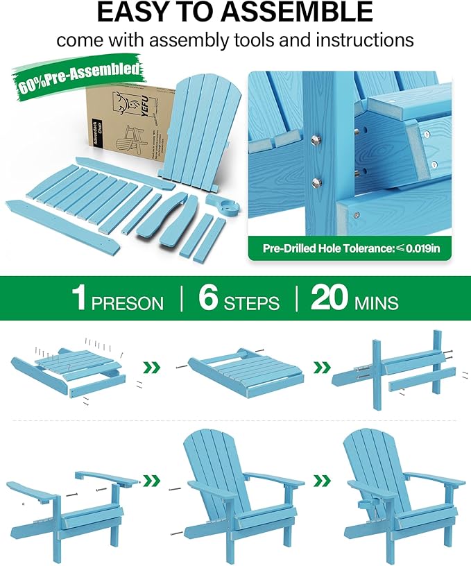 YEFU Adirondack Chairs Set of 6: Outdoor Chair HIPS Plastic Adirondack Chairs - Patio Chairs with Wood Texture - Lawn Fire Pit Deck Porch Garden Chairs for Adults (Blue)