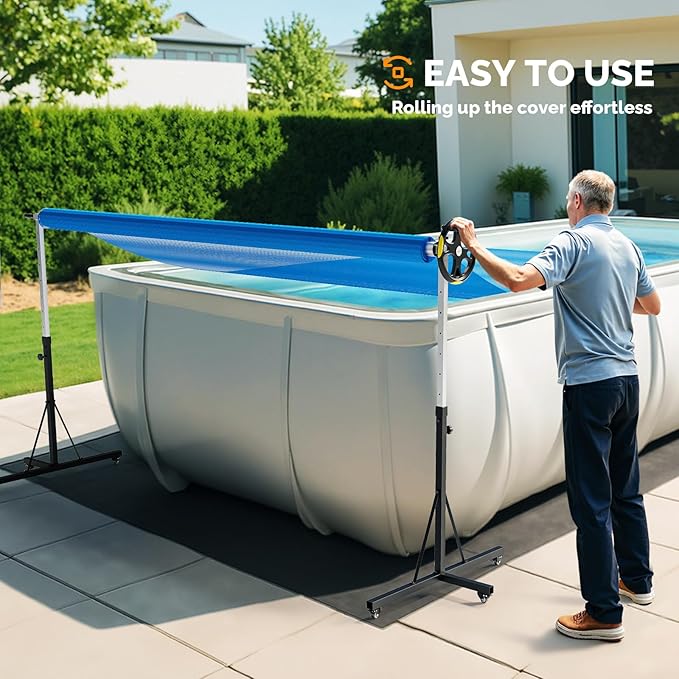 VINGLI 16 FT Pool Cover Reel for Aboveground Swimming Pools, Waterproof Aluminum Pool Solar Cover Reel with Adjustable Width & Height & Extra 4 Sandbags & Caster Wheels (2025 Version)