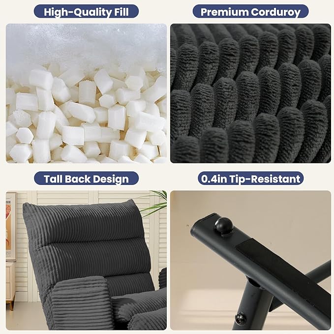 Oversized Rocking Chair with Adjustable Backrest and Footrest, Outdoor Reading Chair - Chaise Lounge Chair Indoor, Comfy Corduroy Rocking Chair for Patio, Porch, Balcony, Living Room