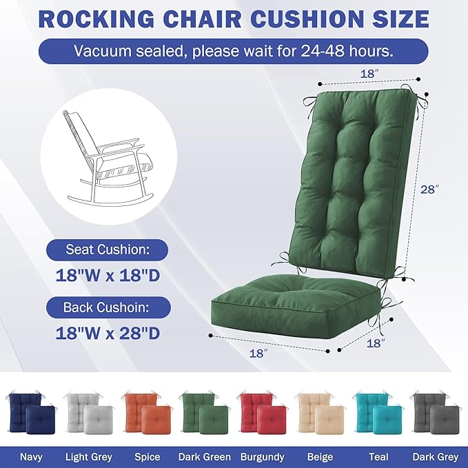 Rocking Chair Cushion, Waterproof and Fade-Resistant Patio Chair Cushions, Tufted Chair Pads for Rocker Furniture, 18x18 Inch, Indoor/Outdoor Seat Cushions with Ties, Dark Green