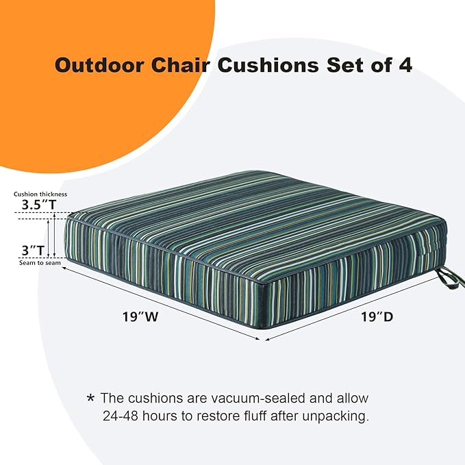 Sunbrella Square Corner Seat Cushions, 19" x 19" x 3", Set of 4, Indoor Outdoor Water Repellent Universal Chair Pads with Ties for Patio Furniture, Garden Deck Dining Chairs, Beach stripe lagoon