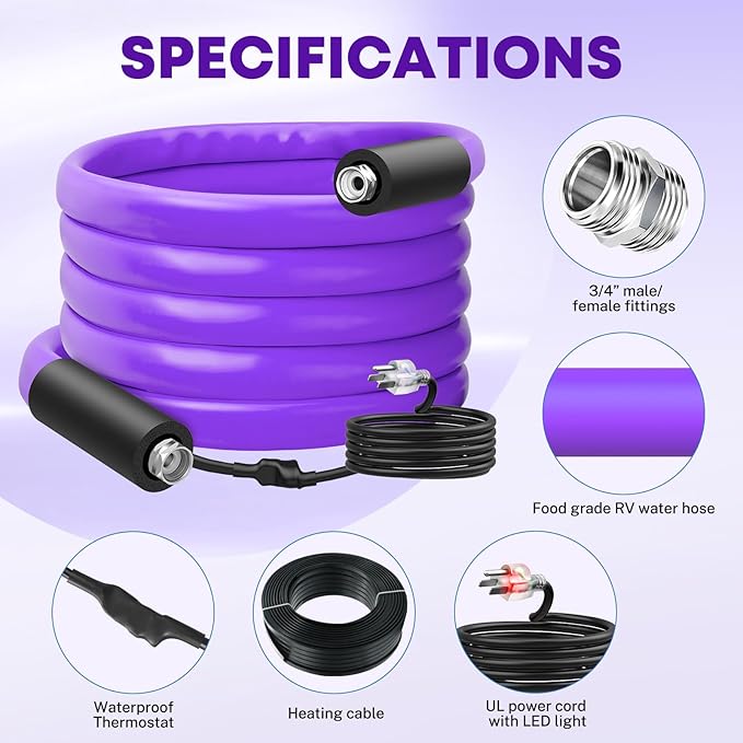 Kohree 25FT Heated Water Hose for RV, -40 ℉ Heated Drinking Water Hose 5/8", Heavy Duty Heated Hose for RV, Camper, Truck, Leak Free, Abrasion-Resistant Cover, Energy Saving Thermostat, Purple