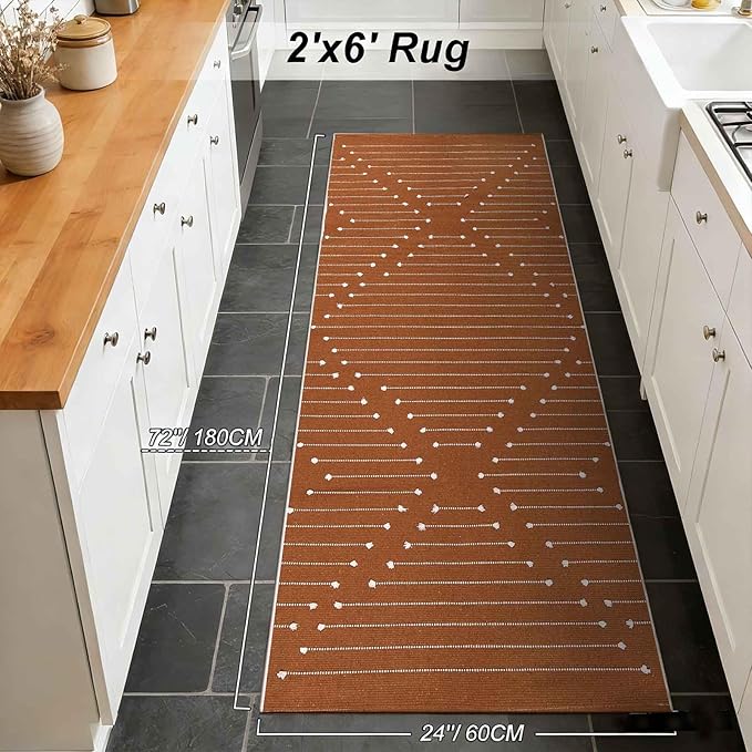 LIVEBOX Boho Burnt Orange Runner Rug 2x6 for Bathroom Kitchen Entryway, Cotton Woven Washable Bedroom Rug Runners,Hallway Laundry Room Decor Throw Rugs