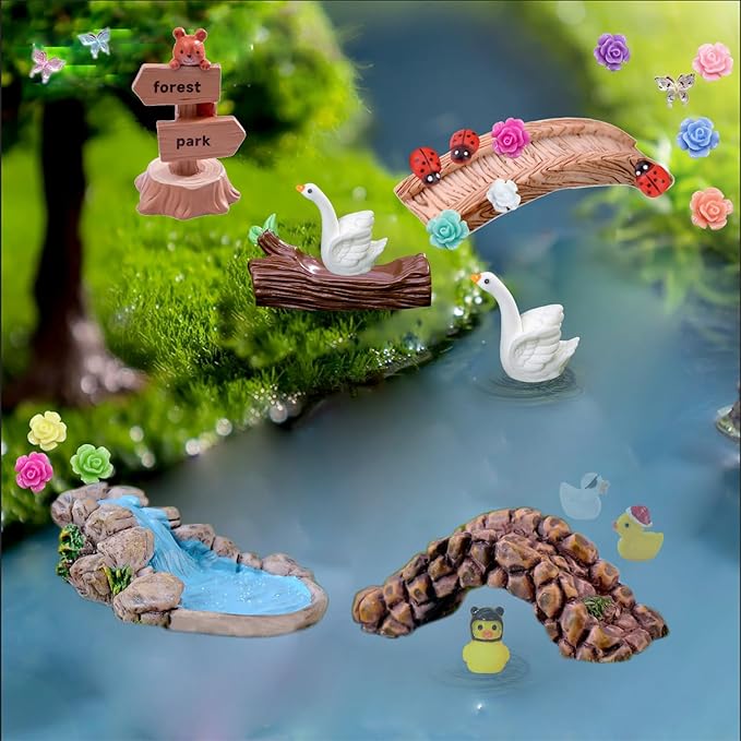 45 Pcs Resin Mini Garden Accessories - Miniature Landscape Decorations with Mini Bridge Pond Mountain House Figurines Swan Ladybug Butterfly Flower Figures Bulk for Dollhouse Garden Craft