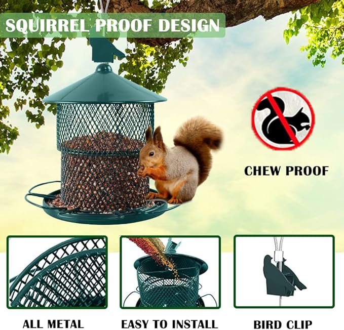 Metal Bird Feeder for Outside, Hanging Bird Feeders Squirrel Proof, 4 Lbs Capacity Iron Mesh Durable Wild Outdoor Birdfeeder with 6 Perches for Finch Cardinals,Gifts for Birds Lovers- Green