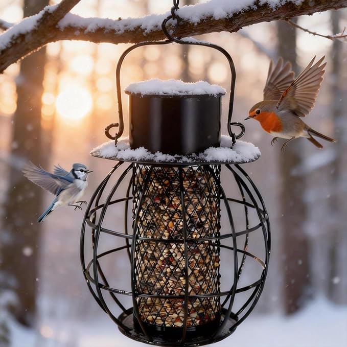 Solar Bird Feeder for Outdoors- Heavy Duty Metal Bird Feeder Squirrel Proof with Lights,Chew-Proof,Outdoor Solar Lantern Feeder for Small Birds, Unique Gifts for Mom, Grandma (Black)