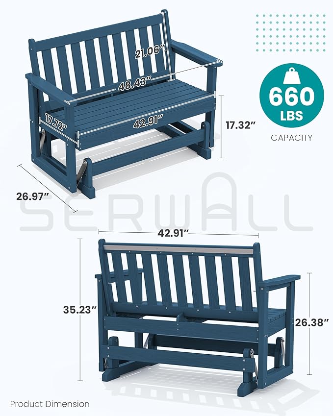 SERWALL Outdoor Glider Bench Set of 4, HDPE Weather-Resistant Swinging Bench for Backyard Garden Porch, Deep Navy