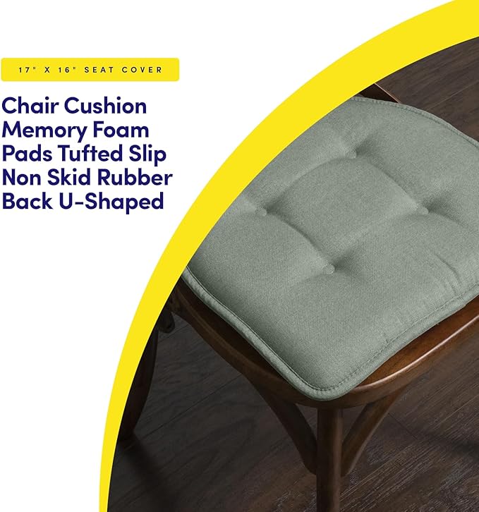 Sweet Home Collection Chair Cushion Memory Foam Pads Tufted Slip Non Skid Rubber Back U-Shaped 17" x 16" Seat Cover, 12 Count (Pack of 1), Scuba Green