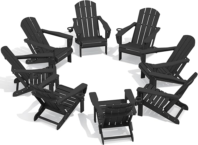 SERWALL Folding Adirondack Chair Set of 8, Adjustable Adirondack Chair with 3 Recline Positions, All Weather HDPE Outdoor Adirondack with Cup Holders, Black