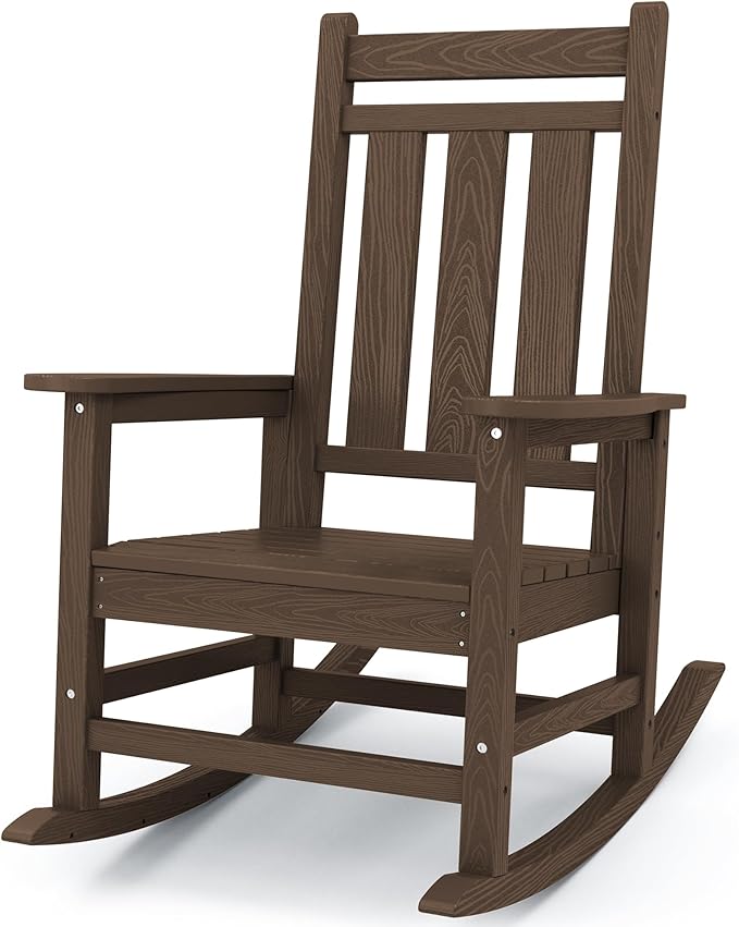 KINGYES Oversized Outdoor Rocking Chair, All-Weather Patio Rocking Chairs for Porch, HDPE Outdoor Patio Rockers with High Back & Wide Seat for Garden, Lawn, Brown