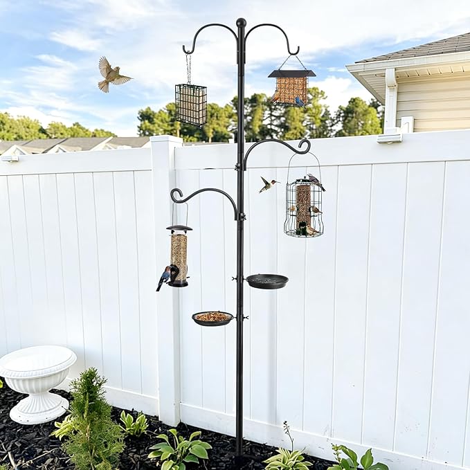 Bird Feeder Pole, Bird Feeding Station 88 Inch Shepherds Hooks for Outdoor Heavy Duty 1 Inch Dia Humming Birds Feeder Stand Hanger Post with 4 Hooks, Water Bowl and Birds Seed Tray