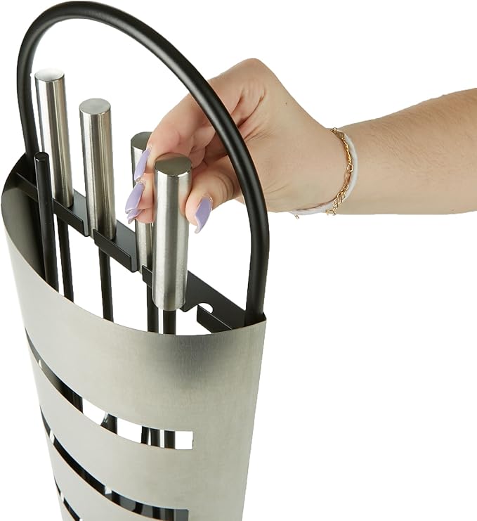 Mind Reader Fireplace Set with Stand, Brush, Shovel Scoop, Poker, Tongs, Durable Steel, 9"L x 6"W x 26.25"H, 4 Pcs, Silver
