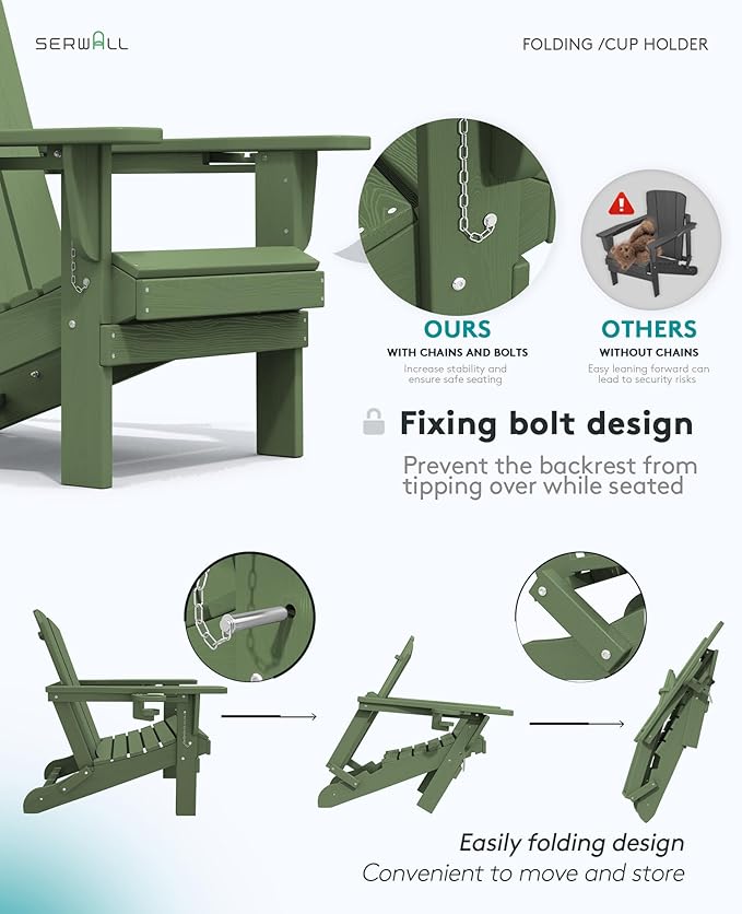 SERWALL Adirondack Chair with Cup Holders - Composite Adirondack Chairs Set of 4 HDPE Outdoor Chairs All Weather Use- Avocado