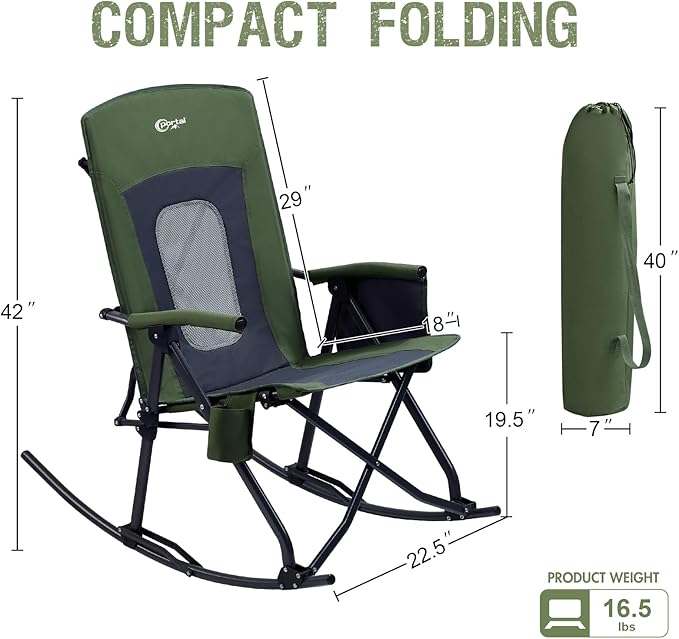 PORTAL Oversized Folding Rocking Camping Chair Portable Outdoor Rocker with High Back Hard Armrests Carry Bag, Supports 400 lbs