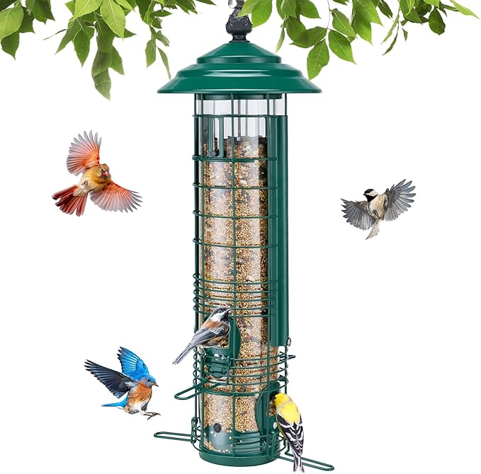 Kingsyard Squirrel Proof Bird Feeder for Outside Hanging, Weight-Activated All-Metal Wild Bird Feeders for Cardinal Finch, Detachable Base Easy to Clean, 3 LBS Capacity,Green