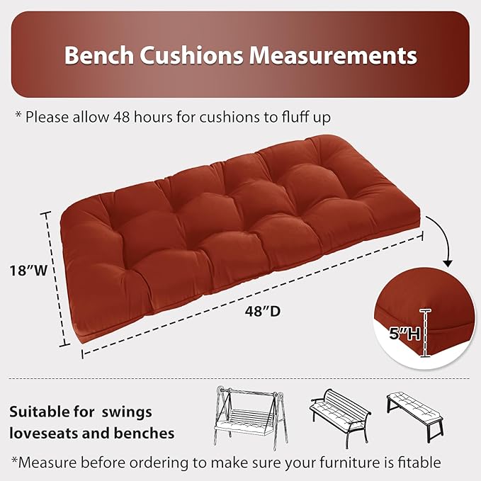 Tufted Bench Cushions for Outdoor Furniture, 48" x 18" Porch Swing Cushions Filled with Foam, Overstuffed Patio Cushions for Bench Loveseat with 2-3 Seats,Thick and Water Resistant, Brick Red