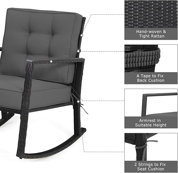 Tangkula Wicker Rocking Chair, Outdoor Glider Rattan Rocker Chair with Heavy-Duty Steel Frame, Patio Wicker Furniture Seat with 5” Thick Cushion for Garden, Porch, Backyard, Poolside (1, Gray)